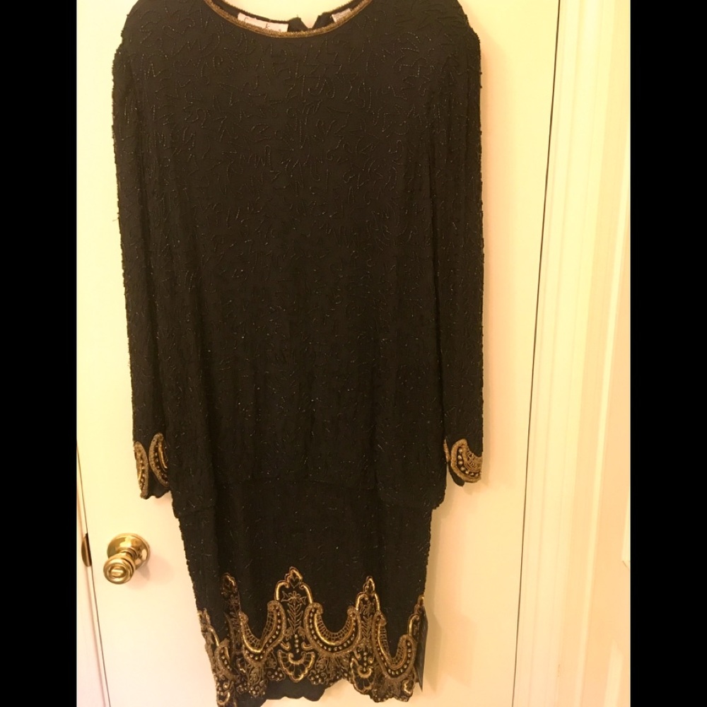 NWT BEADED SILK SHEATH DRESS W/ GOLD BEADED ACCENT